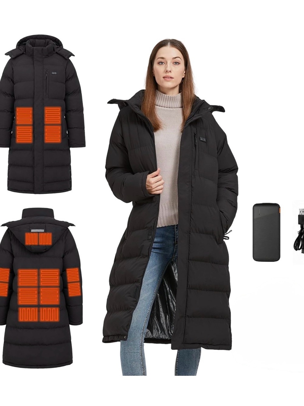 Women's Black Heated Long Puffer Coat with Hood XL 14-16